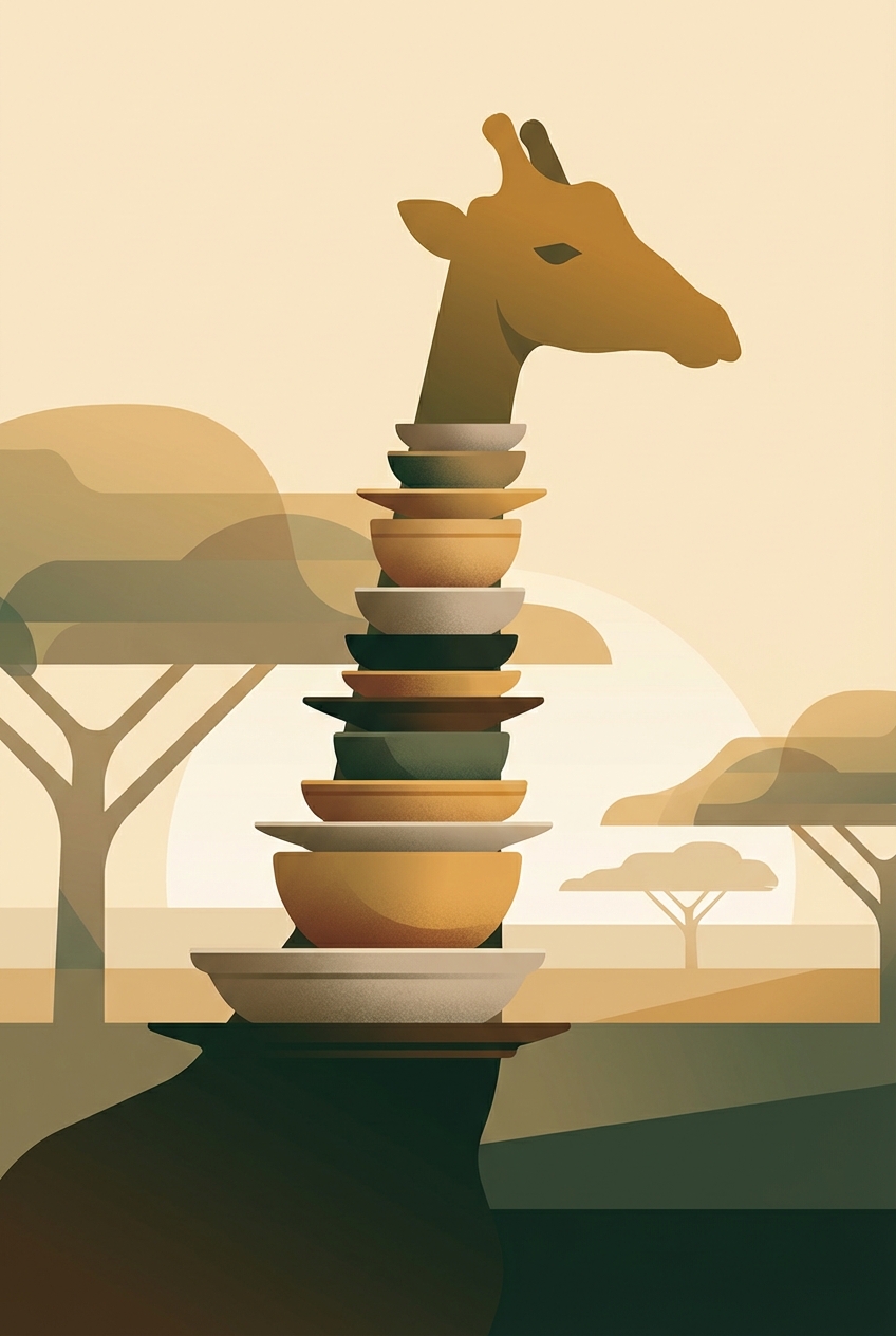 Zsiráf sziluett, amely rétegzett tálakba és tányérokba olvad át.