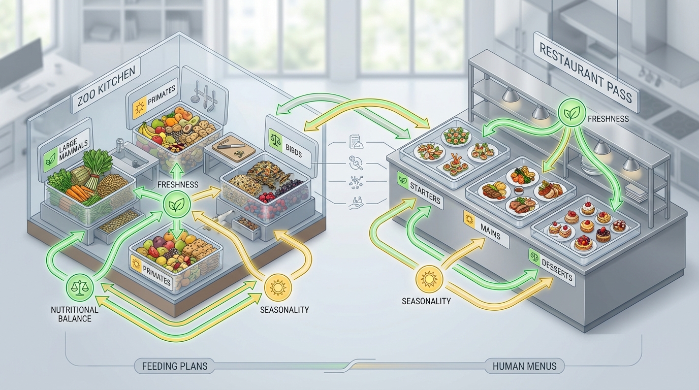Infografika az állatkerti takarmányozás és éttermi menütervezés párhuzamairól.