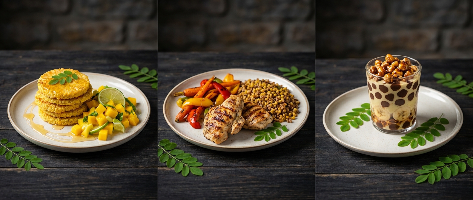 Három, zsiráf ihlette fogás: előétel, főétel és pohárdesszert egy képen.