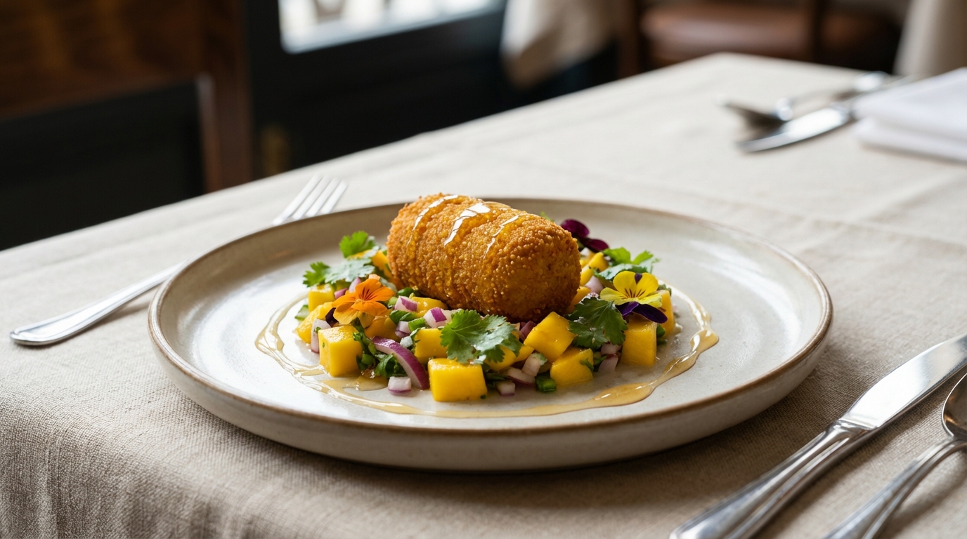 Kölesropogós mangó-lime salátával és mézes öntettel tálalva