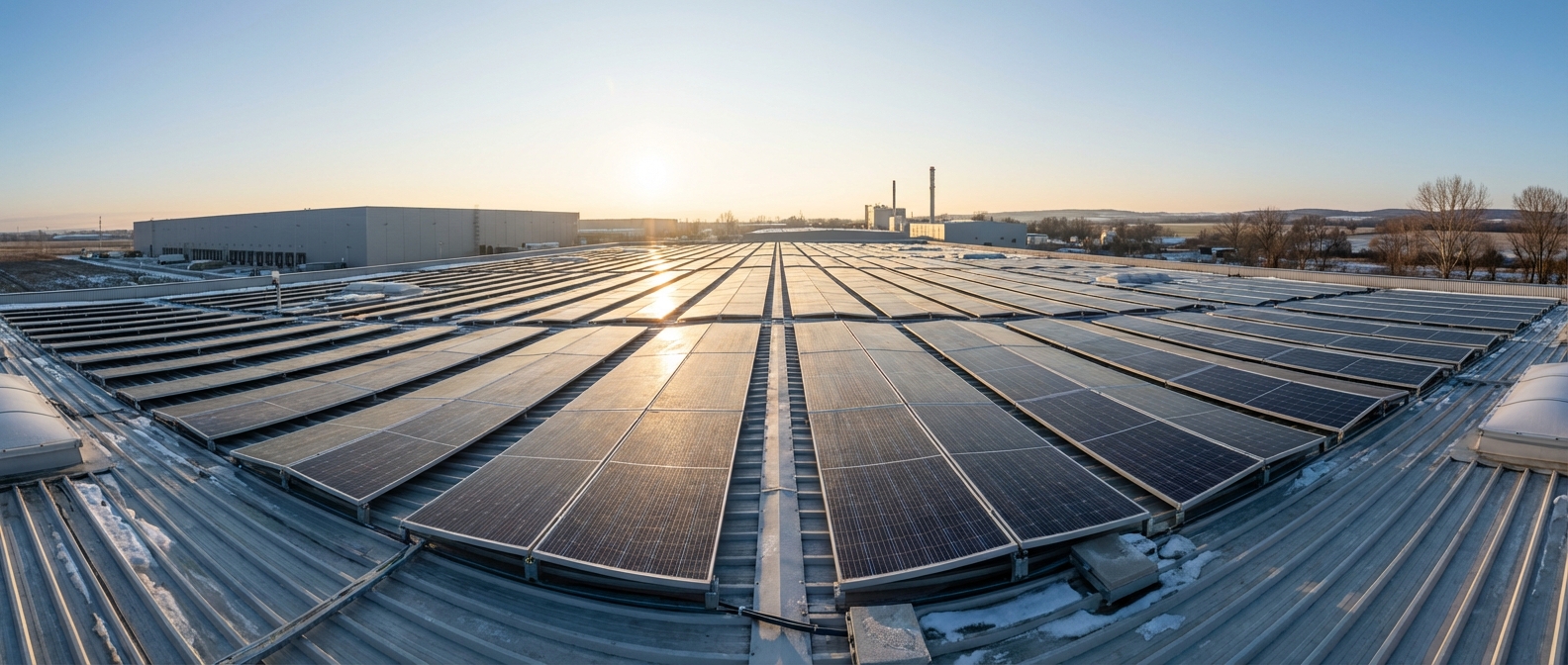Ipari csarnok tetején napelemek téli, napos időben
