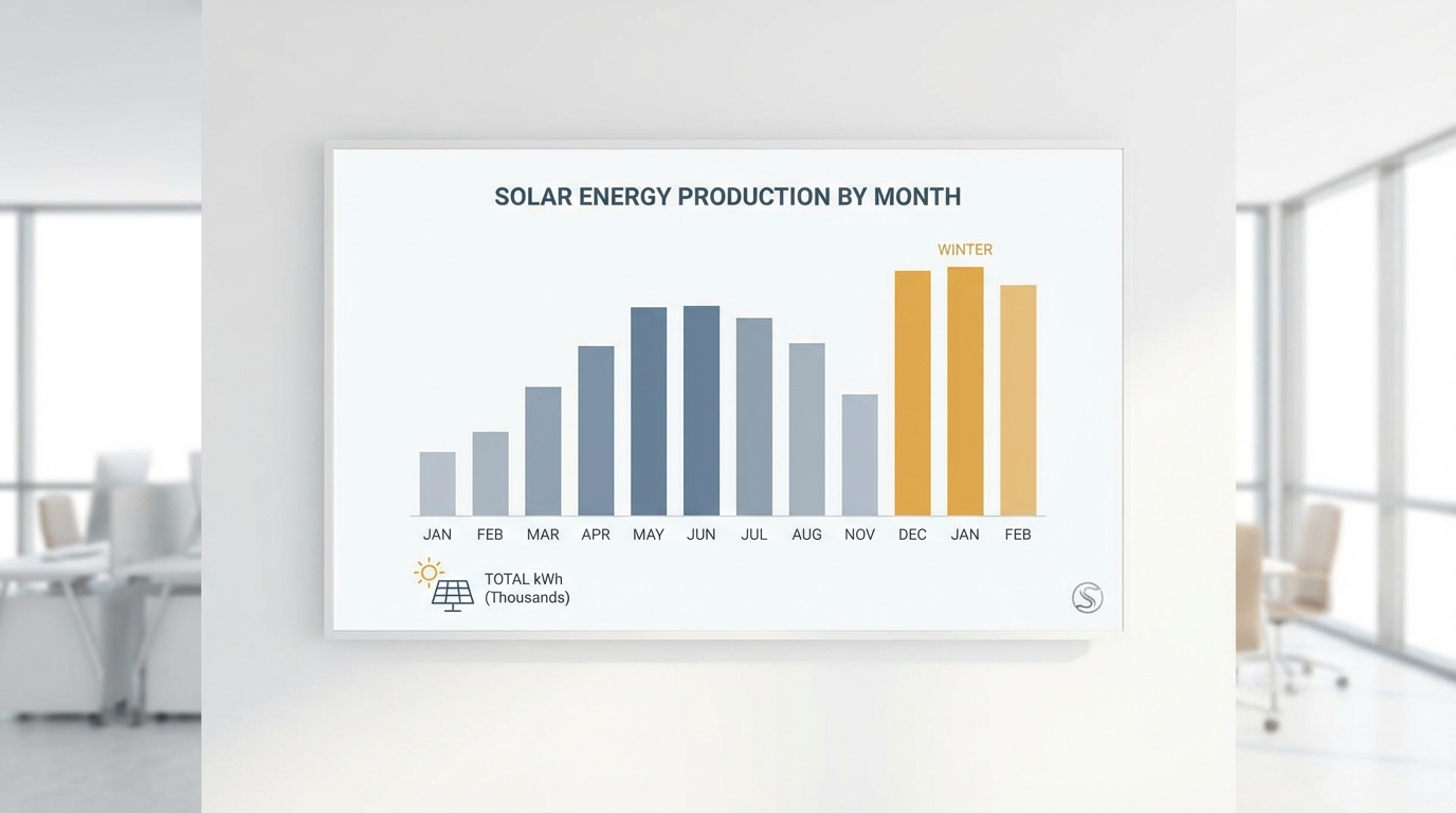 Havi napelemes termelést mutató oszlopdiagram kiemelt téli hónapokkal