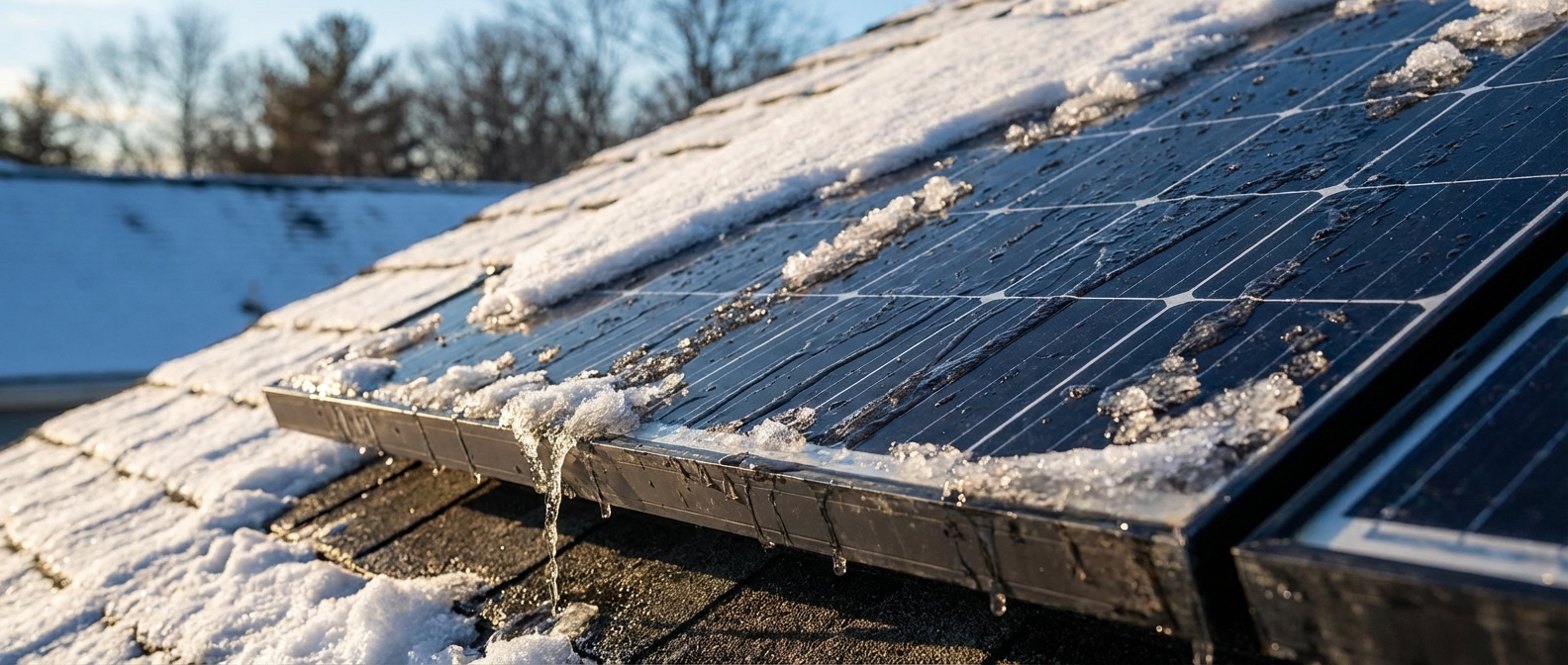 Napelem részben hóval borítva, olvadó hótakaróval téli napsütésben