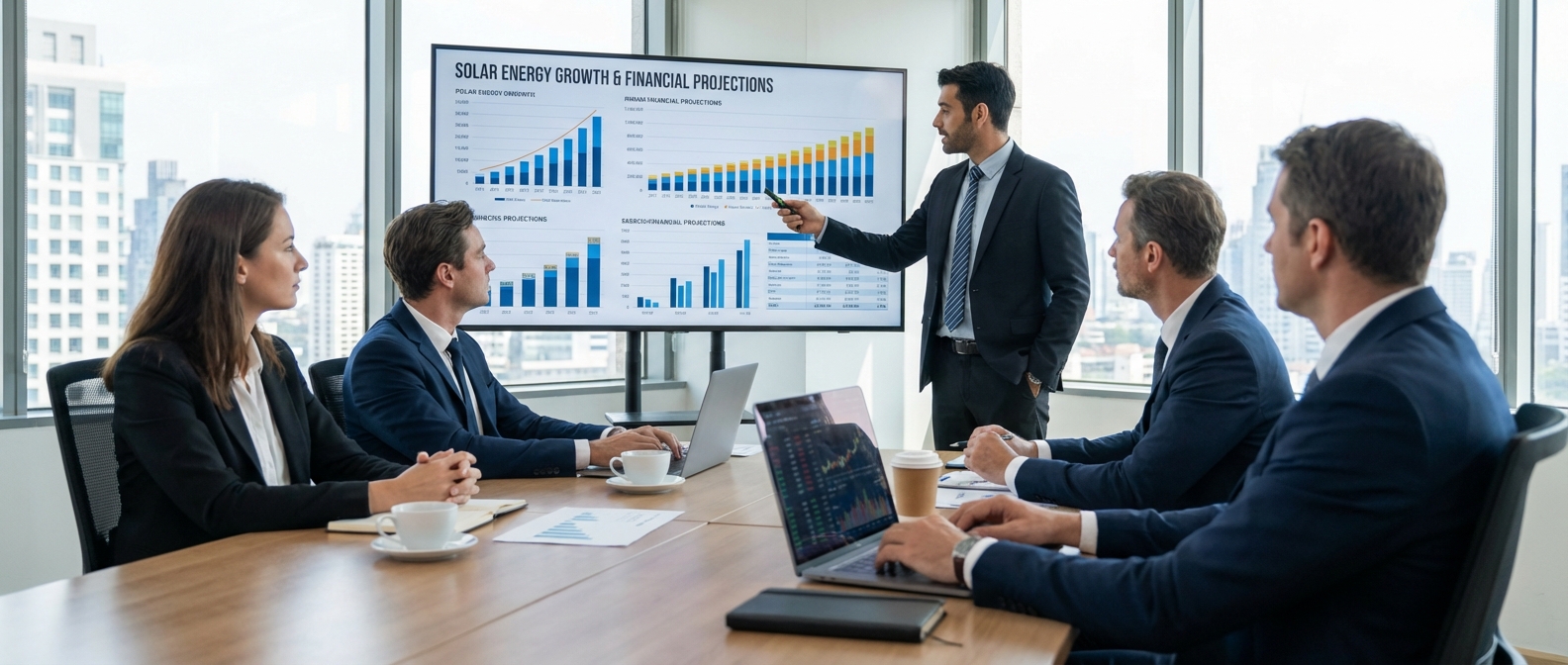 Vezetők napelemes termelési grafikonokat elemeznek egy tárgyalóban