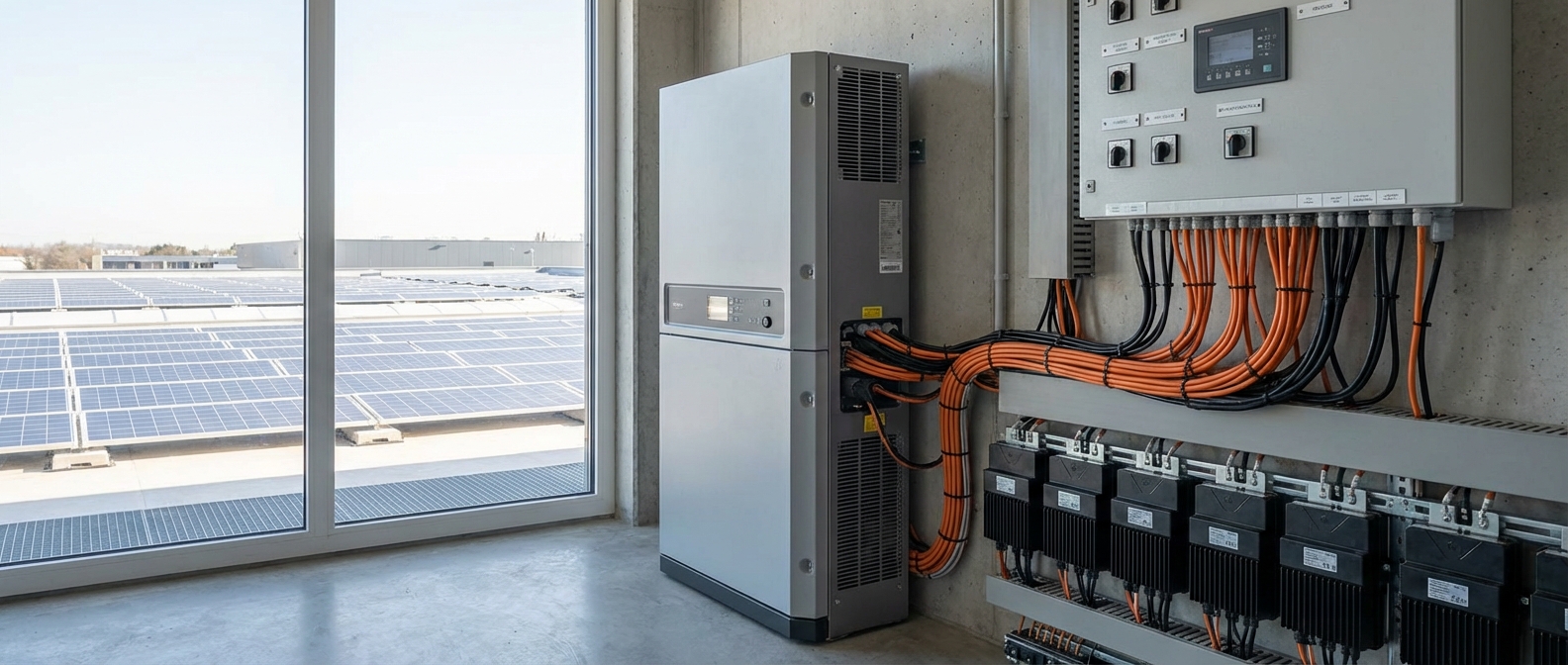 Ipari napelemes rendszer inverterei és optimalizálói gépészeti térben