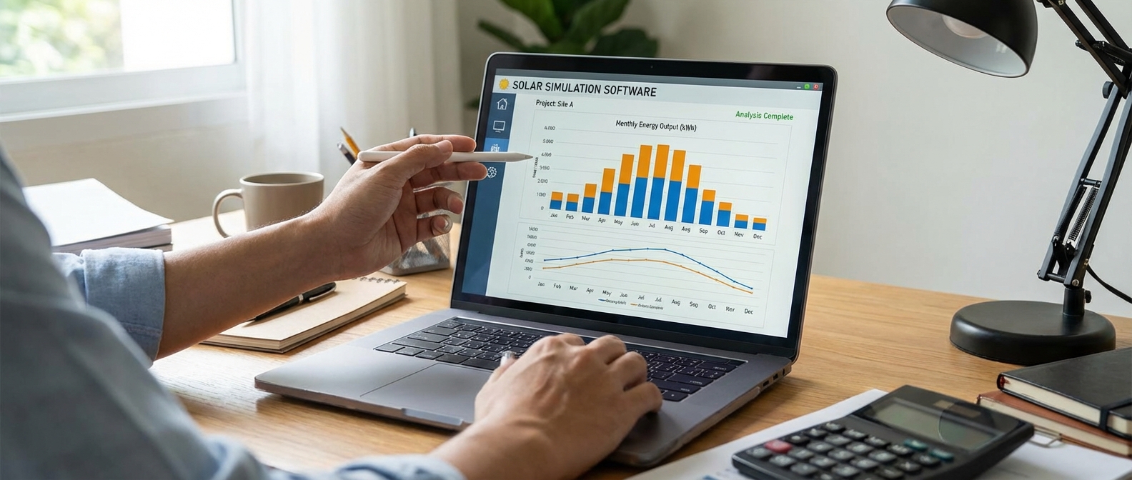 Laptopon napelemes termelésmodellező szoftver havi grafikonokkal