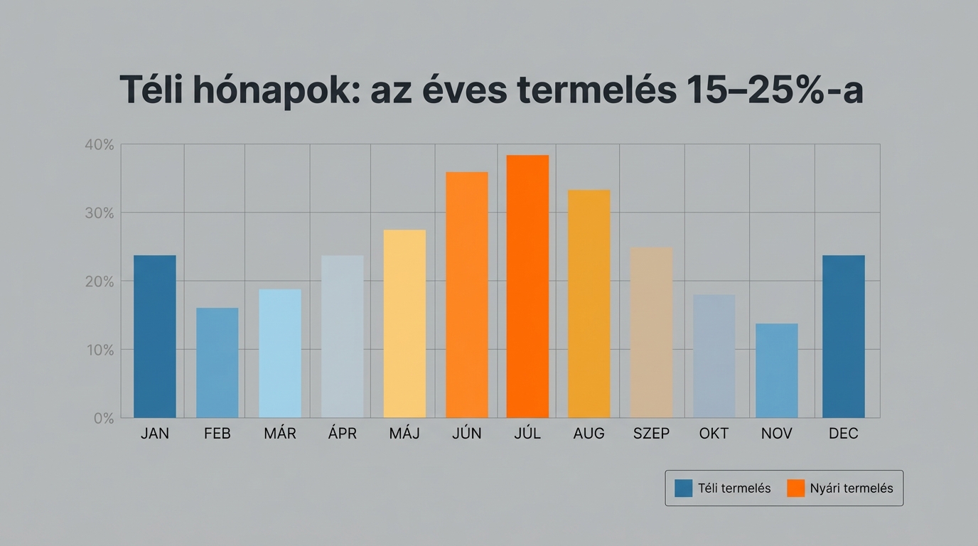 Infografika a napelemes termelés havi eloszlásáról, kiemelve a téli részt.