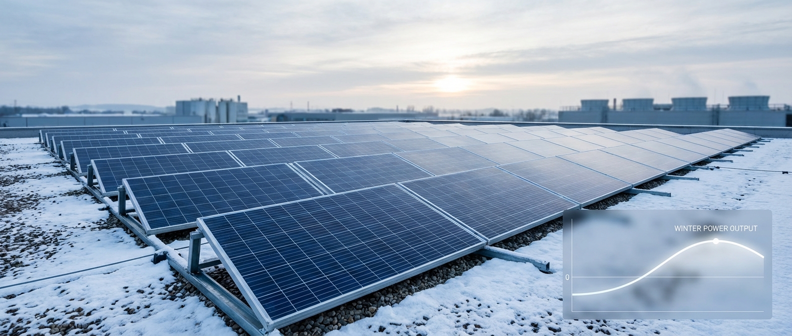 Téli napelemes rendszer borult ég alatt, kis grafikonos hozamjelzéssel.
